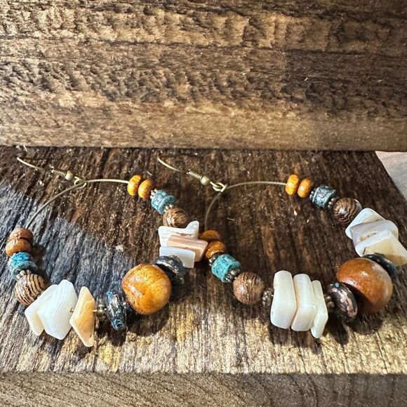 Handmade Western Hippie Copper Wire Natural Wooden Beads Drop Earrings, Gift Box - Picture 7 of 7